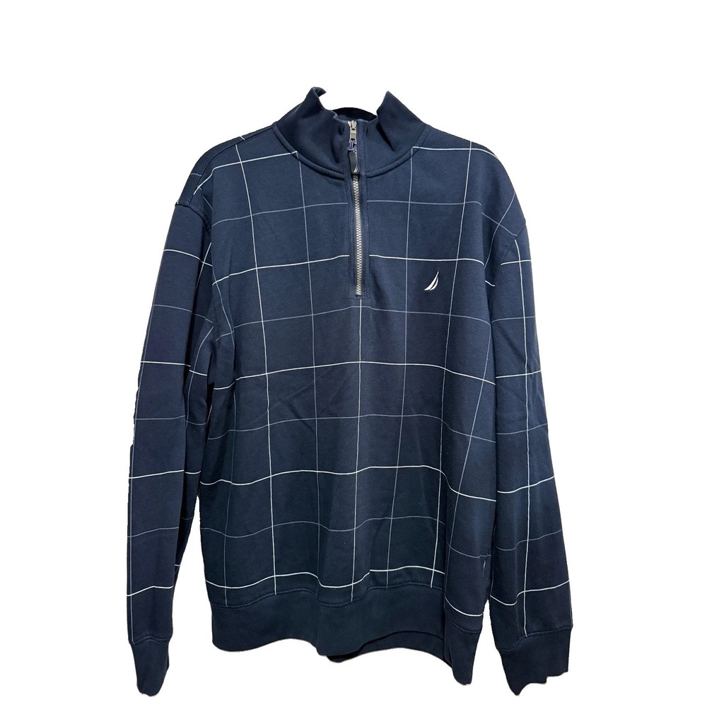 Nautica Mens XL Navy Blue Windowpane Grid Quarter Zip Fleece Pullover Sweater‎
